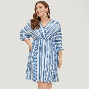 BloomChic Plus Size 3XL Geometric Print Wrap Pocket Lantern Sleeve Knee Dress